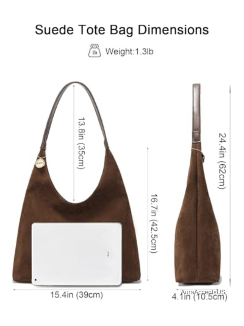 Faux Suede Slouchy Hobo Tote Bag, Large Brown Purse with Zipper - Picture 4 of 6